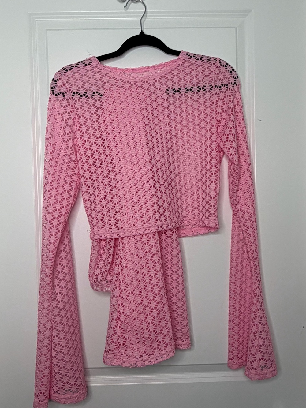 SHEIN Pink Crochet Long Sleeve Wide-Leg Jumpsuit Cover
